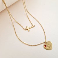 Lantisor personalizat - 2 Straturi - Inima si cruce - Argint placat cu Aur Galben 18K - Cristal Swarovski - 1