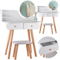 Masuta de toaleta pentru copii Jokomisiada ZA4820, din lemn, cu oglinda rotunda, 2 sertare si scaun, 120 x 80 x 39 cm, alb - 1