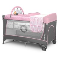 Patut pliant, Lionelo, Flower, Cu doua nivele, Cu arcada, Geanta transport, Masuta de infasat, Bara cu jucarii, Fereastra laterala, 120x60 cm, Conform cu standardele europeane de securitate EN 716 si EN12221, Roz - 1