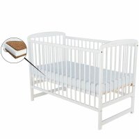 Patut BabyNeeds Ola din lemn de pin, 120 x 60 cm, alb, cu saltea Cocos Confort de 12 cm - 1
