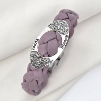 Bratara personalizata cu Charm oval si nume gravate - Piele impletita roz lila - Argint 925 cu inchizatoare din otel inoxidabil - 1
