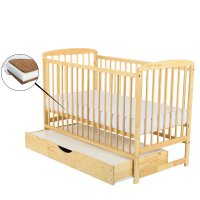Patut Ola din lemn pentru bebelusi, 120x60 cm, cu sertar, din pin si MDF, reglabil pe 3 nivele, laterala detasabila, Babyneeds - 1