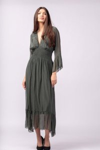 Rochie kaki din matase si viscoza cu talie elastica si volane - 1