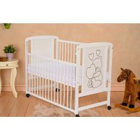Qmini Timmi Heart patut alb din pin si MDF, 120x60 cm, cu laterala culisanta si saltea BabyNeeds Cocos Confort de 12 cm - 1