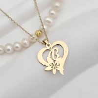 Colier Floarea Dragostei - Pandantiv inima cu initiala - Lantisor & Sirag de Perle - Argint 925 placat cu Aur Galben 18K - 1