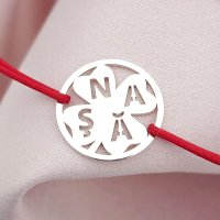 Bratara personalizata pentru nasa, cu disc gravat si trifoi cu patru foi, din argint 925, snur reglabil - 1