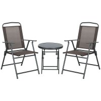 Outsunny Set de gradina cu 3 piese, masa cu blat din sticla si 2 scaune pliabile, maro - 1