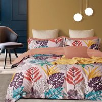 Lenjerie de pat Somnart Percale cu 4 piese, cearceaf pat clasic 240c x 260 cm, cearceaf pilota 200 x 230 cm si 2 fete perna 50 x 70 cm model pene colorate - 1