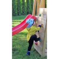 Turn de joaca cu 2 platforme, panou de catarare, tobogan, leagan, masuta de picnic cu bancute si lada de nisip - 1