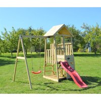 Turn de joaca cu 2 platforme, panou de catarare, tobogan, leagan, masuta de picnic cu bancute si lada de nisip - 2