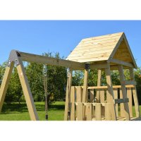 Turn de joaca cu 2 platforme, panou de catarare, tobogan, leagan, masuta de picnic cu bancute si lada de nisip - 6