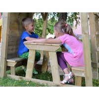 Turn de joaca cu 2 platforme, panou de catarare, tobogan, leagan, masuta de picnic cu bancute si lada de nisip - 7