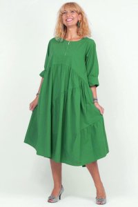 Rochie verde oversize din poplin satinat cu maneci scurte si volane asimetrice - 1