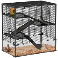 Cușcă pentru Hamster PawHut cu Bază din Sticlă, 4 Etaje, 78,5L x 48,5B x 80H cm, Negru | Aosom Romania - 1