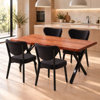 Set masa de bucatarie Barton, MDF, 133 cm, cu 4 scaune negre din metal - 1