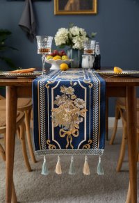 Napron elegant pentru masa albastru cu flori aurii brodate, ciucuri crem si bleu, 33x180cm - 5
