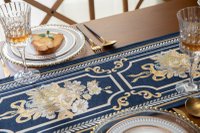 Napron elegant pentru masa albastru cu flori aurii brodate, ciucuri crem si bleu, 33x180cm - 4