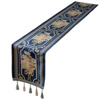 Napron elegant pentru masa albastru cu flori aurii brodate, ciucuri crem si bleu, 33x180cm - 2