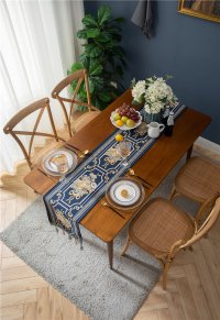 Napron elegant pentru masa albastru cu flori aurii brodate, ciucuri crem si bleu, 33x180cm - 3