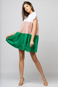 Rochie din poplin de bumbac, cu trei volane verde, roz si alb - 1
