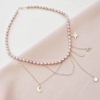 Lantisor cu Perle - Aventura in Cosmos - Model sirag perle rice mov cu lant si pandantive agatate - Argint 925 - 1