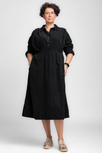 Rochie Plus Size din Catifea Raiata, Neagra, cu Maneci Lungi - 1