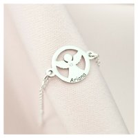 Brățară personalizată cu disc si înger decupat, nume personalizat și Diamant natural – Argint 925 Rodiat - Cu lantisor fata/baiat - 1