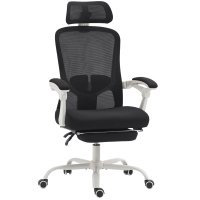 Scaun de Birou HOMCOM Rabatabil 135° cu Suport pentru Picioare si Lombar, Tetiera, Inaltime Reglabila, Plasa, Negru | Aosom Romania - 1