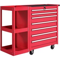 Cărucior pentru scule HOMCOM cu 7 sertare si raft lateral, 4 roți cu frână, 96x33,5x75cm, Roșu | Aosom Romania - 1
