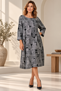 Rochie midi casual alb-negru cu imprimeu abstract si croi confortabil - 1