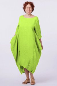 Rochie din in verde lime cu colturi laterale si buzunare ascunse - 1