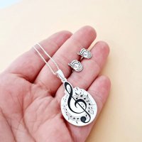 Set personalizat lantisor si cercei - Cheia Sol cu portativ si note muzicale - Argint 925 - 1