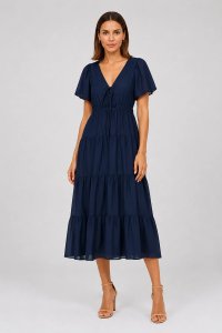 Rochie lunga din batist de bumbac cu volane si decolteu in V, bleumarin - 1