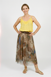 Fusta din tulle cu imprimeu pastelat pe fond camel - 1