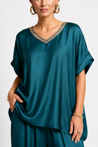 Bluza oversized turcoaz din matase si vascoza satinata cu detalii aurii - 1
