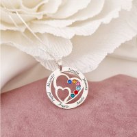 Lantisor Familie unita - Inimi in disc - 6 nume si cristale Swarovski - Argint 925 - 1