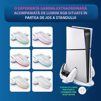 Statie cu ventilator pentru PS5 SLIM, cu 3 moduri de viteza (max 5500RPM ), incarcare  2 controllere, lumina RGB, alb - 8