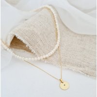 Lantisor cu Perle - Echilibru rafinat - Model 2 straturi cu sirag perle si lantisor cu pandantiv banut - Diamant natural - Aur Galben 14K - 1