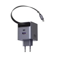 Incarcator rapid cu cablu retractabil UGREEN 65W GaN Fast Charger X615, 2 x USB C + 1 x USB A, Gri - 1