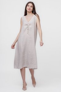Rochie A-line din in, bej, fara maneci, cu siret pe bust - 1
