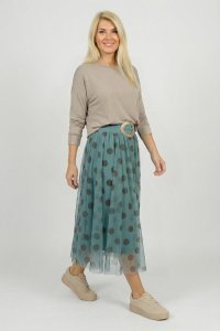 Fusta din tulle turcoaz pastel cu buline maro - stil clos - 1