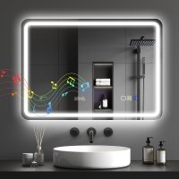 HOMCOM Oglinda de Baie cu LED 70x50 cm si Bluetooth, 3 Temperaturi de Culoare, Ceas Digital si Antighear | Aosom Romania - 1