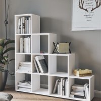 Biblioteca scara Tenq cu 10 rafturi, etajera moderna 138.2 x 29 x 140.7 cm, PAL melaminat 18 mm, stil scandinav pentru birou sau living - 1