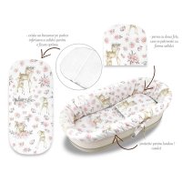 Set pentru Landou/Cosulet MimiNu Sweet Deer Pink cu Protectie, Saltea si Pernuta din Bumbac Oeko-Tex - 1