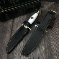Cutit tactic de vanatoare, teaca din piele naturala, lama 440C, maner acrilic full tang, 26 cm, alb - 2