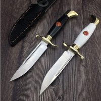 Cutit tactic de vanatoare, teaca din piele naturala, lama 440C, maner acrilic full tang, 26 cm, alb - 7