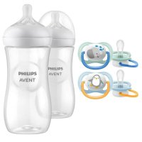 Set ingrijire Philips Avent: Biberon anticolici, Natural Response, 330 ml, 3 luni+, 2 buc + Suzete Ultra air, 0-6 luni, 2 buc, Din silicon, Albastru/Portocaliu - 1