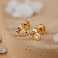 Cercei pentru bebelusi cu Diamant Natural - Design Cap de Soricel cu Fundita Maro - Aur Galben 9K - 1