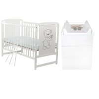 Set mobilier BabyNeeds pentru camera copilului, patut Timmi 120x60 cm din pin si MDF cu somiera reglabila, saltea cocos-burete-cocos de 8 cm si comoda Waldi Qmini cu masuta de infasat, alb - 1