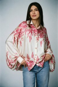 Camasa oversize din satin cu maneci bufante si imprimeu floral roz - 1
